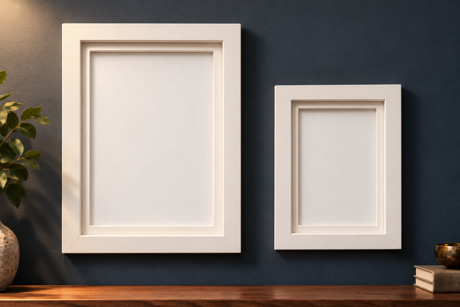White comic and PSA card frames mounted on a styled wall; digital display mockup, collectibles not included
