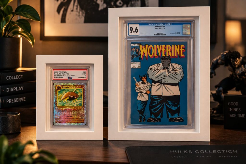 White collector display frames with graded card and comic artwork, concept presentation